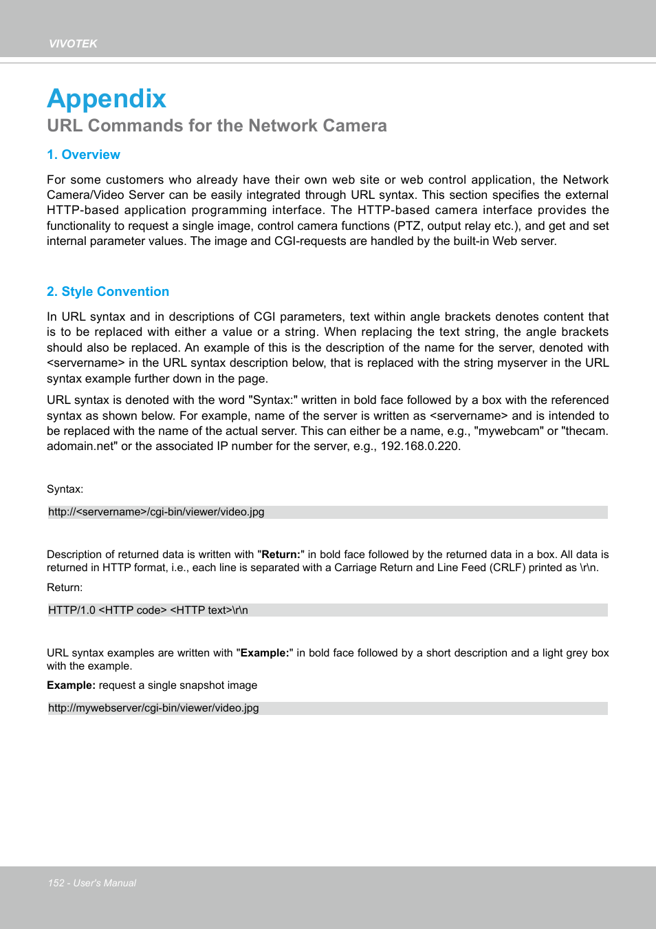 Appendix, Url commands for the network camera | Vivotek FD9388-HTV 5MP Outdoor Network Dome Camera with Night Vision User Manual | Page 152 / 407