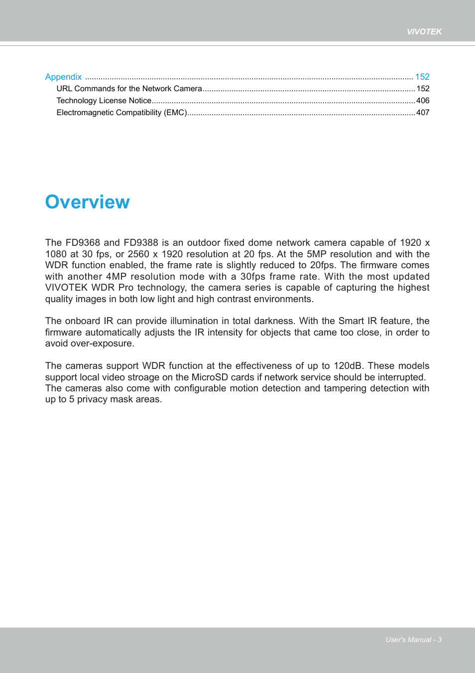 Overview | Vivotek FD9388-HTV 5MP Outdoor Network Dome Camera with Night Vision User Manual | Page 3 / 407