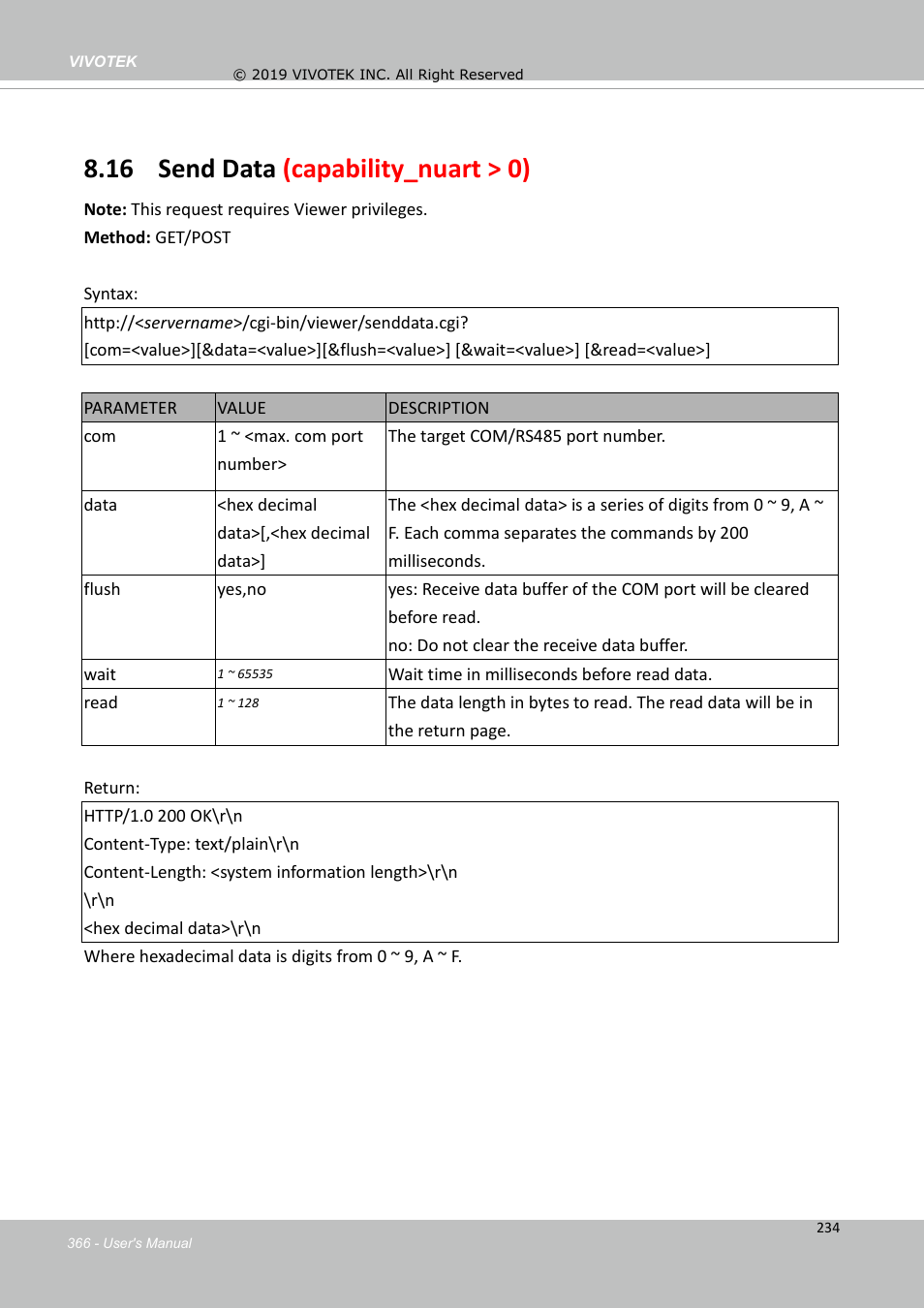 16 send data (capability_nuart > 0) | Vivotek FD9388-HTV 5MP Outdoor Network Dome Camera with Night Vision User Manual | Page 366 / 407