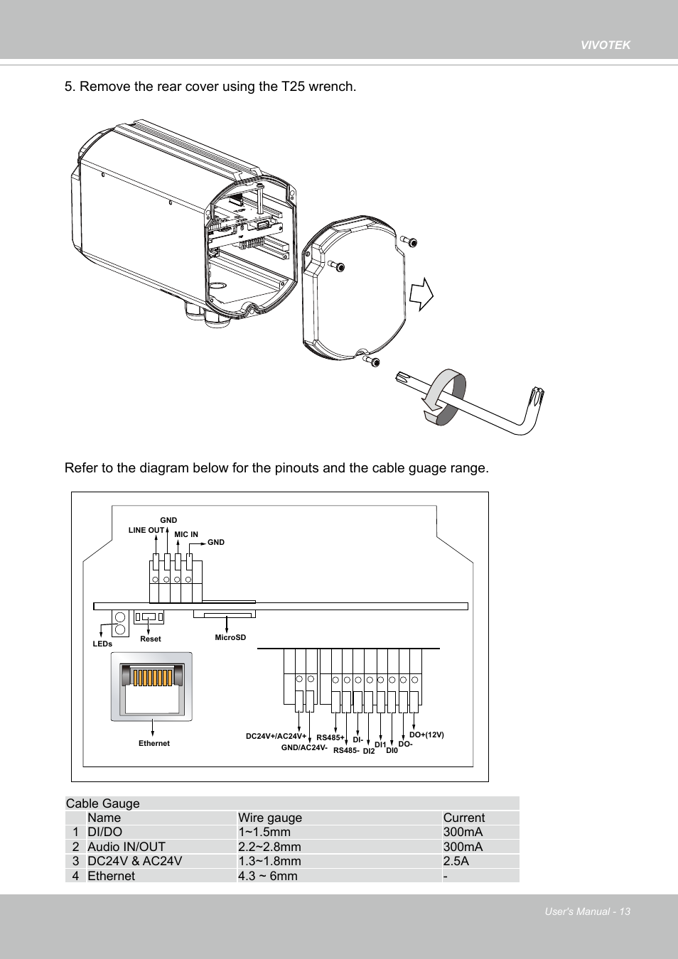 Remove the rear cover using the t25 wrench | Vivotek S Series IZ9361-EH 1080p Outdoor Network Bullet Camera with Heater User Manual | Page 13 / 458