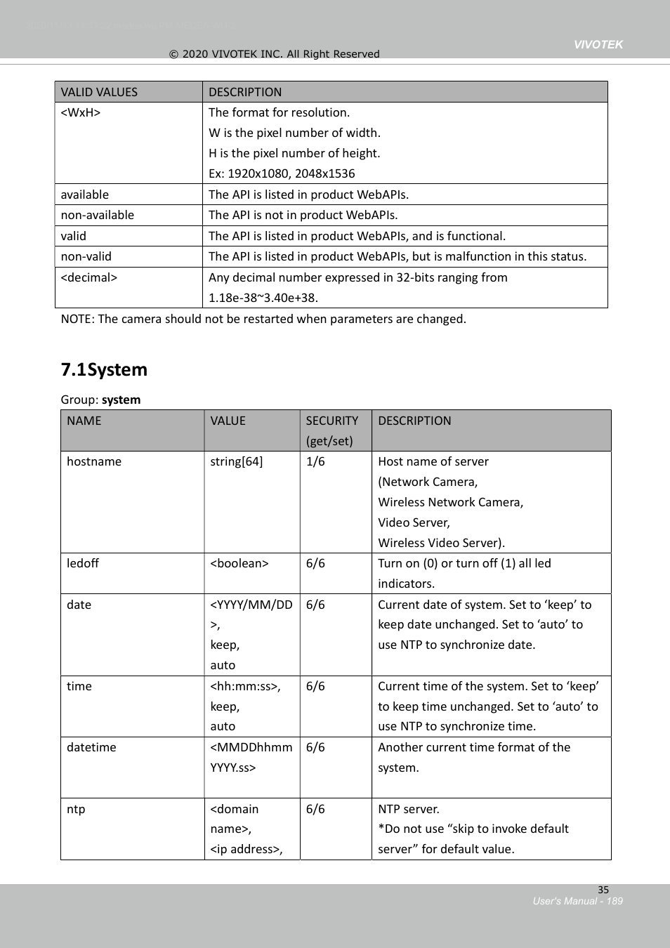 Available parameters on the server, 1 system | Vivotek S Series IZ9361-EH 1080p Outdoor Network Bullet Camera with Heater User Manual | Page 189 / 458