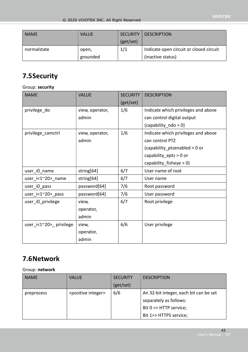 3 digital input behavior define, 4 digital output behavior define, 5 security | 6 network, 1 status per channel | Vivotek S Series IZ9361-EH 1080p Outdoor Network Bullet Camera with Heater User Manual | Page 197 / 458