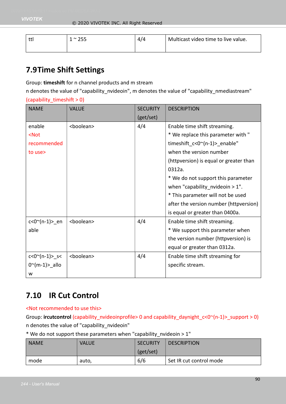 9 time shift settings, 10 ir cut control | Vivotek S Series IZ9361-EH 1080p Outdoor Network Bullet Camera with Heater User Manual | Page 244 / 458