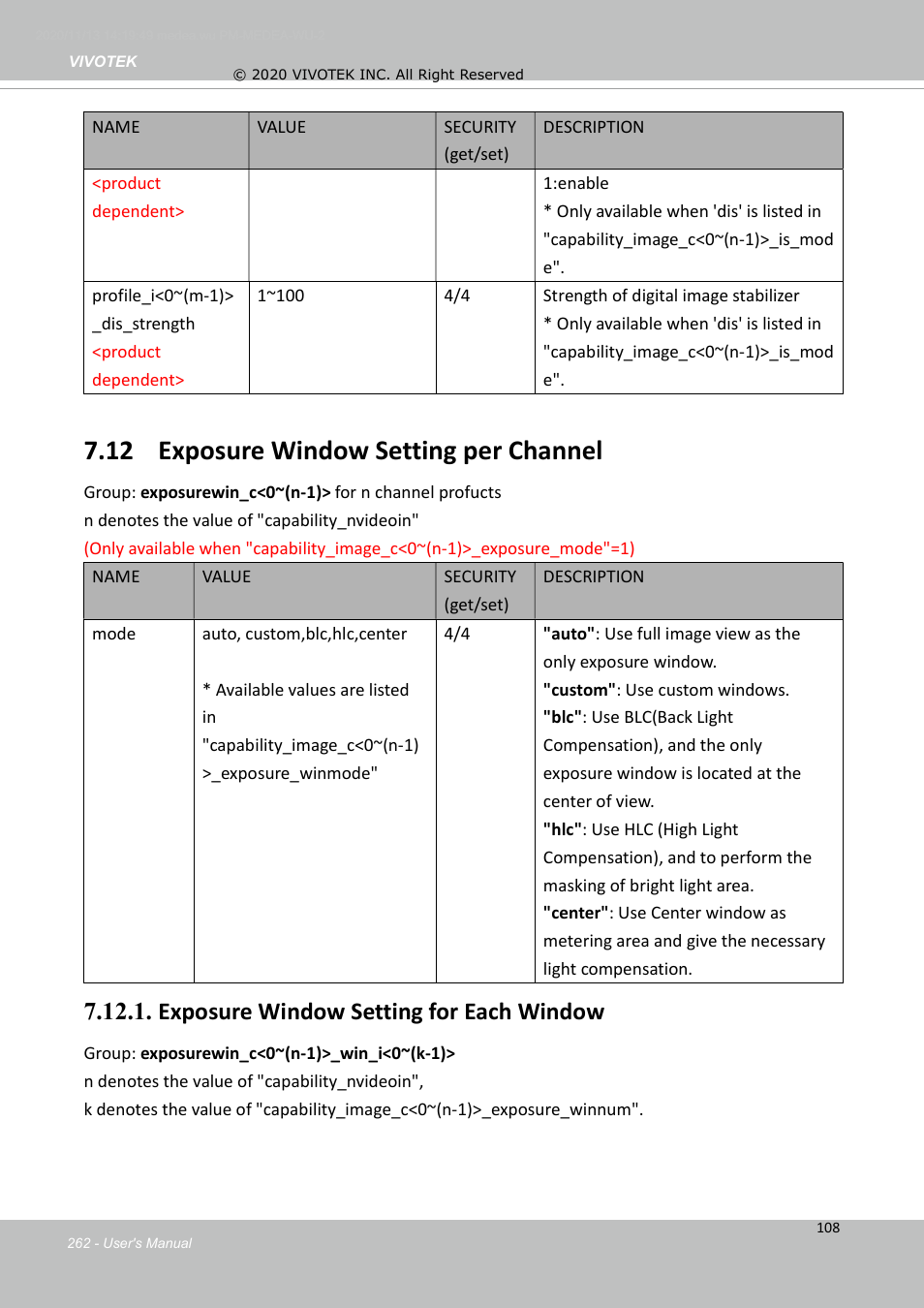 12 exposure window setting per channel, Exposure window setting for each window | Vivotek S Series IZ9361-EH 1080p Outdoor Network Bullet Camera with Heater User Manual | Page 262 / 458