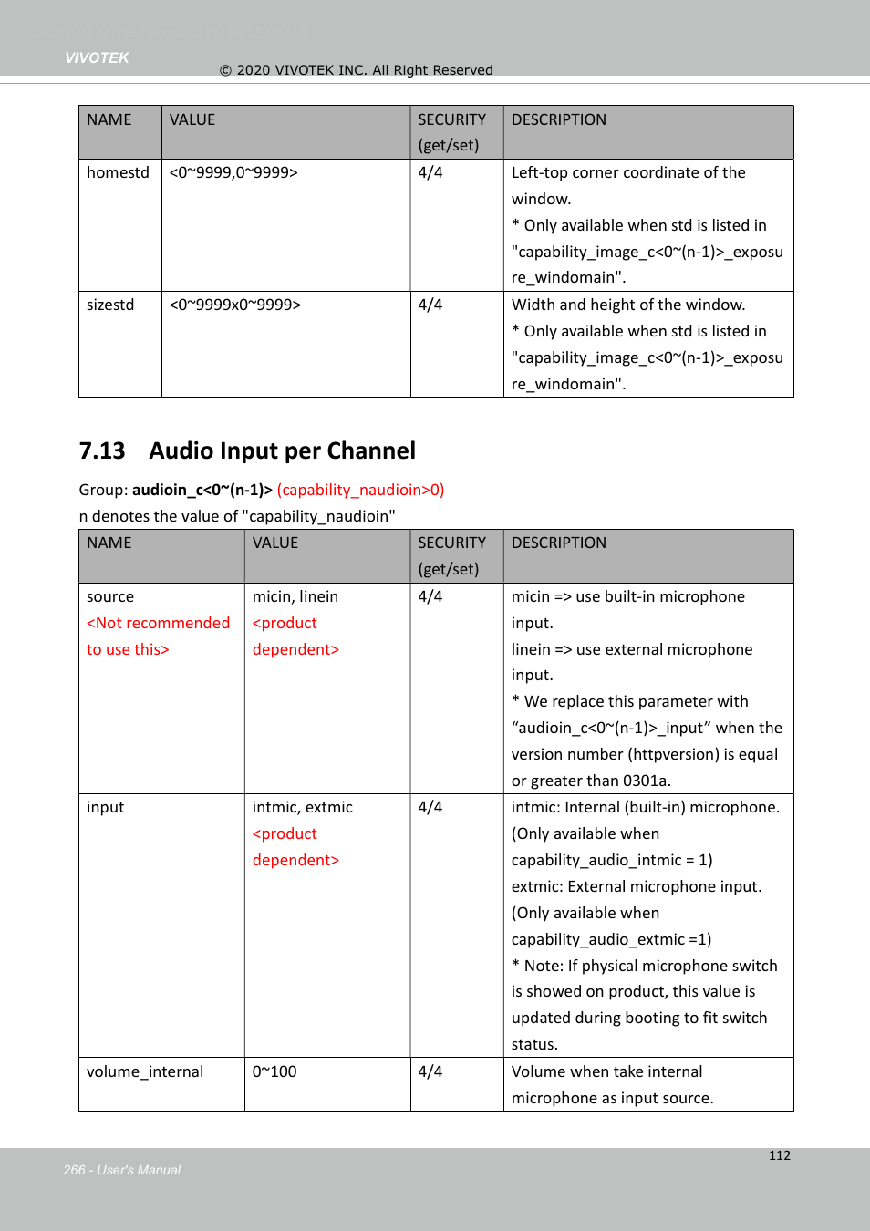 13 audio input per channel | Vivotek S Series IZ9361-EH 1080p Outdoor Network Bullet Camera with Heater User Manual | Page 266 / 458