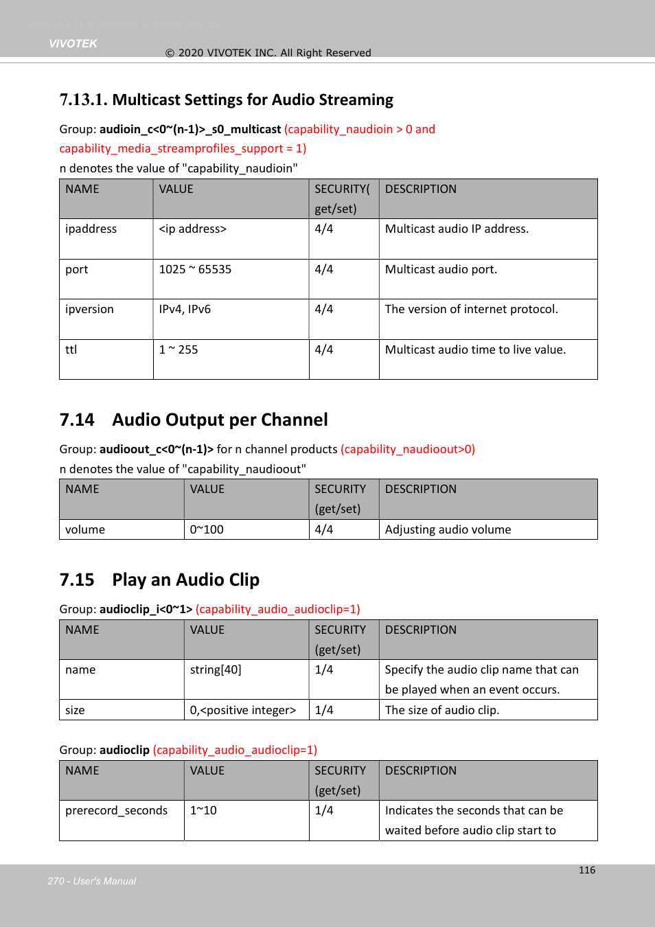 14 audio output per channel, 15 play an audio clip, Multicast settings for audio streaming | Vivotek S Series IZ9361-EH 1080p Outdoor Network Bullet Camera with Heater User Manual | Page 270 / 458