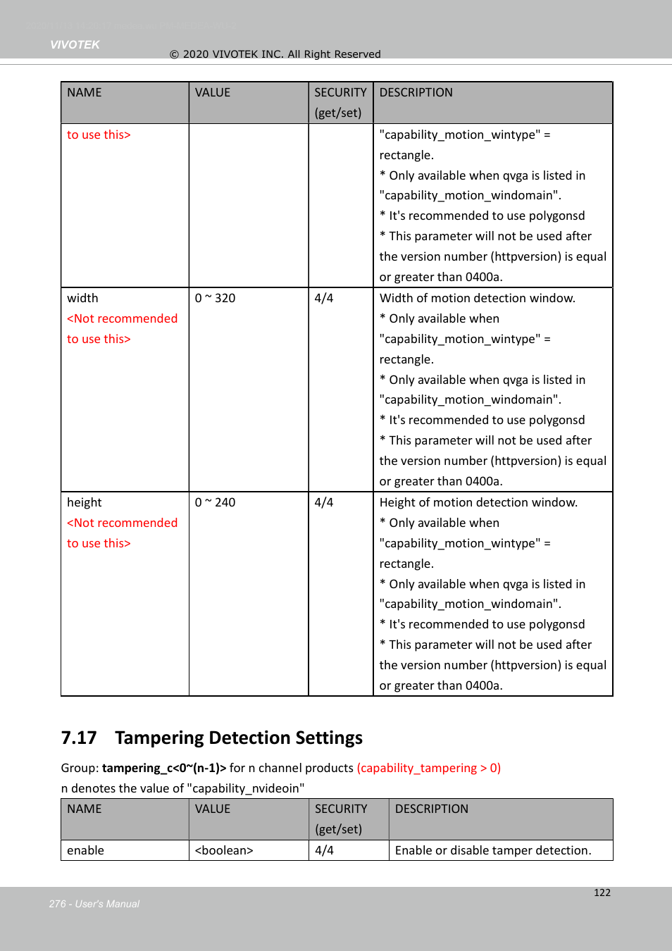 17 tampering detection settings | Vivotek S Series IZ9361-EH 1080p Outdoor Network Bullet Camera with Heater User Manual | Page 276 / 458