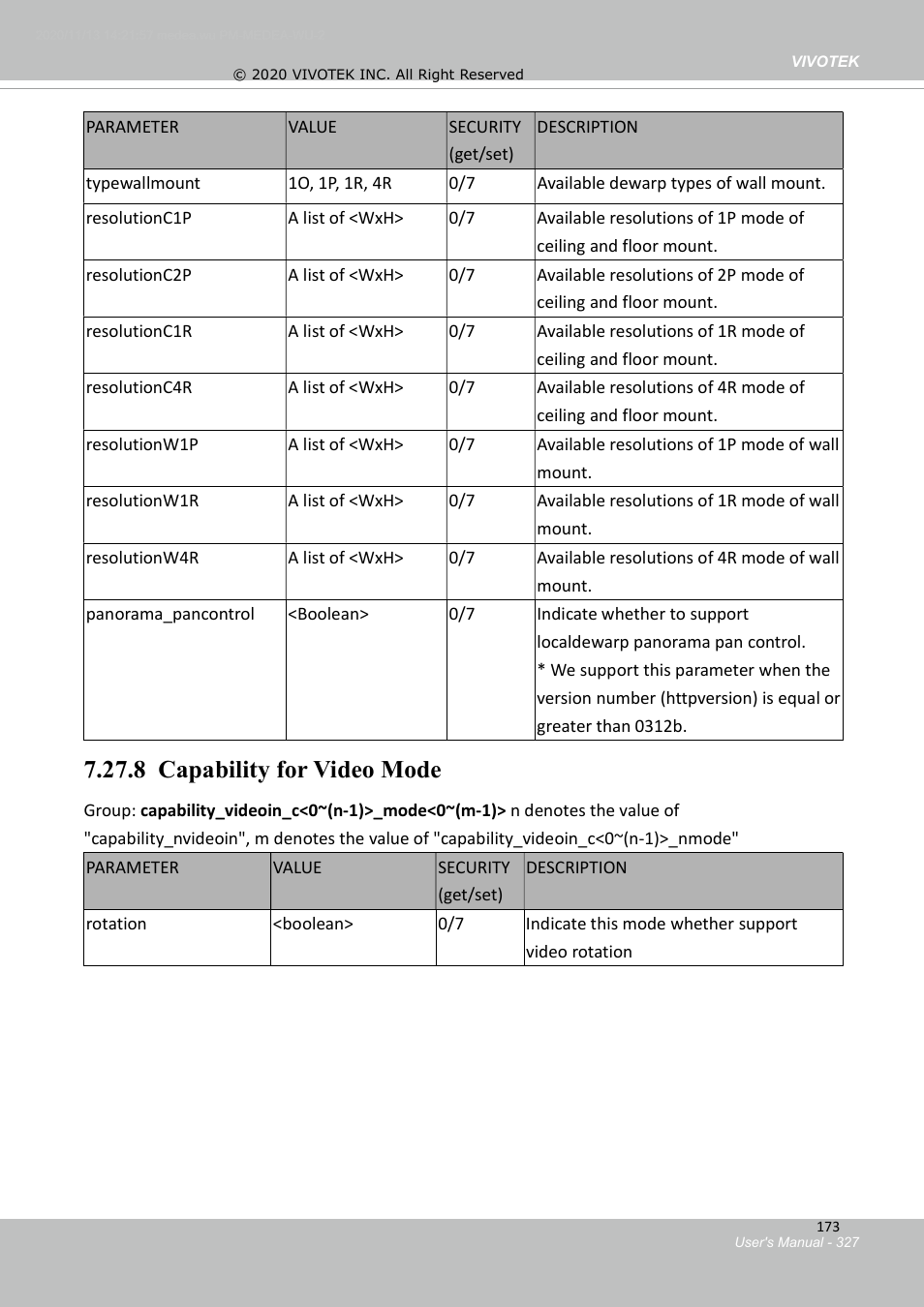 7 capability for local dewarp, 8 capability for video mode | Vivotek S Series IZ9361-EH 1080p Outdoor Network Bullet Camera with Heater User Manual | Page 327 / 458