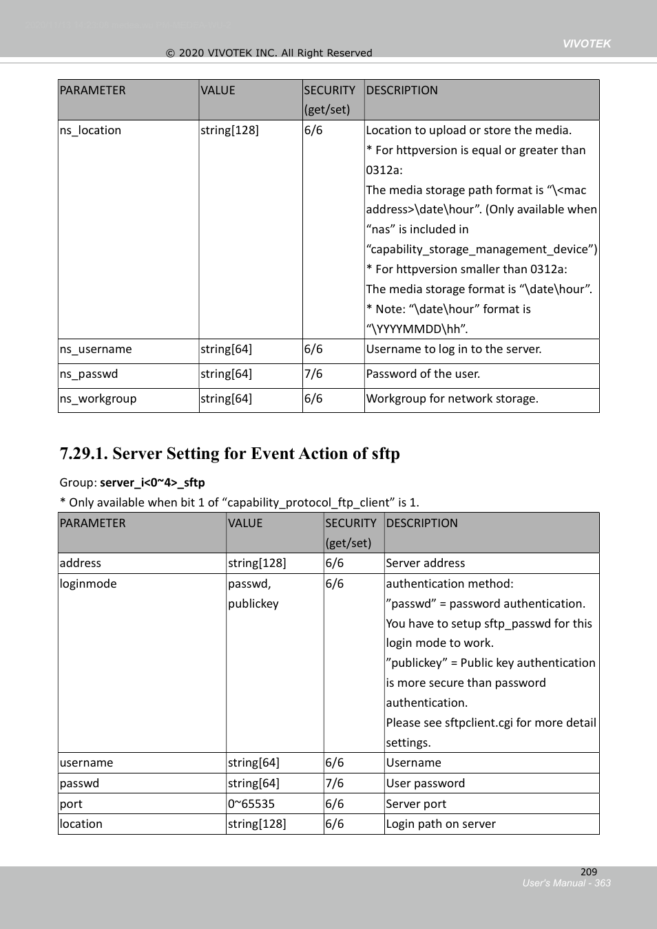 29 server setting for event action, Server setting for event action of sftp | Vivotek S Series IZ9361-EH 1080p Outdoor Network Bullet Camera with Heater User Manual | Page 363 / 458