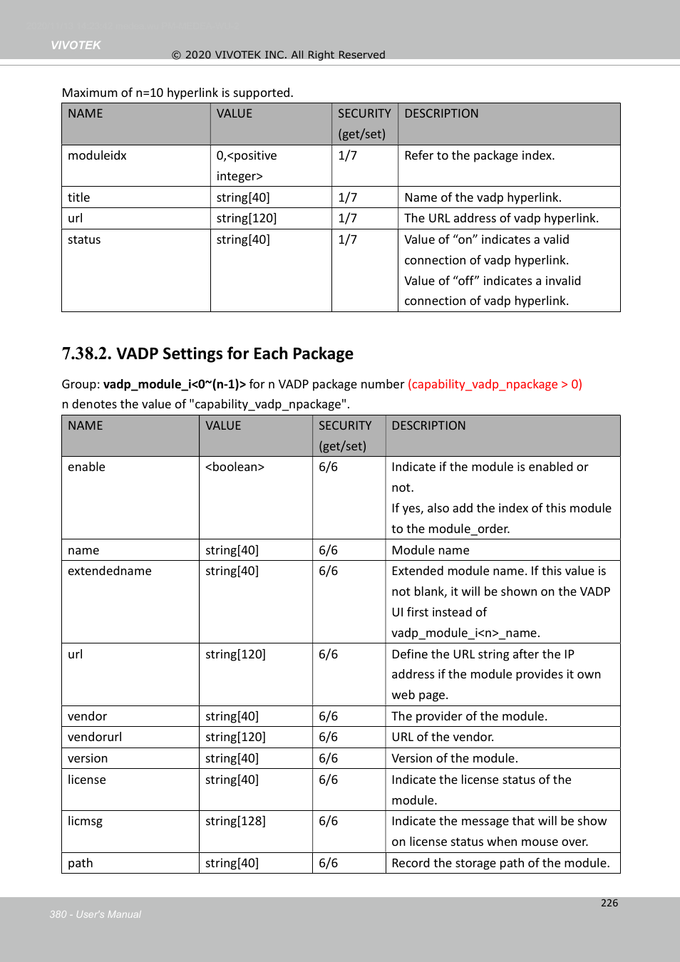 Vadp settings for each package | Vivotek S Series IZ9361-EH 1080p Outdoor Network Bullet Camera with Heater User Manual | Page 380 / 458