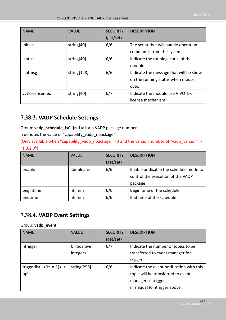 Vadp settings for each package, Vadp schedule settings, Vadp event settings | Vivotek S Series IZ9361-EH 1080p Outdoor Network Bullet Camera with Heater User Manual | Page 381 / 458