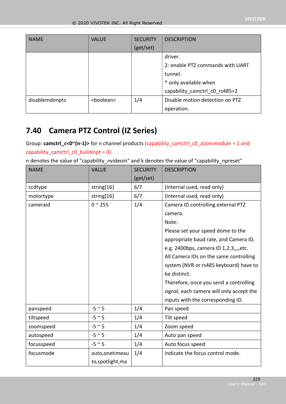 39 camera ptz control, 40 camera ptz control (iz series) | Vivotek S Series IZ9361-EH 1080p Outdoor Network Bullet Camera with Heater User Manual | Page 383 / 458