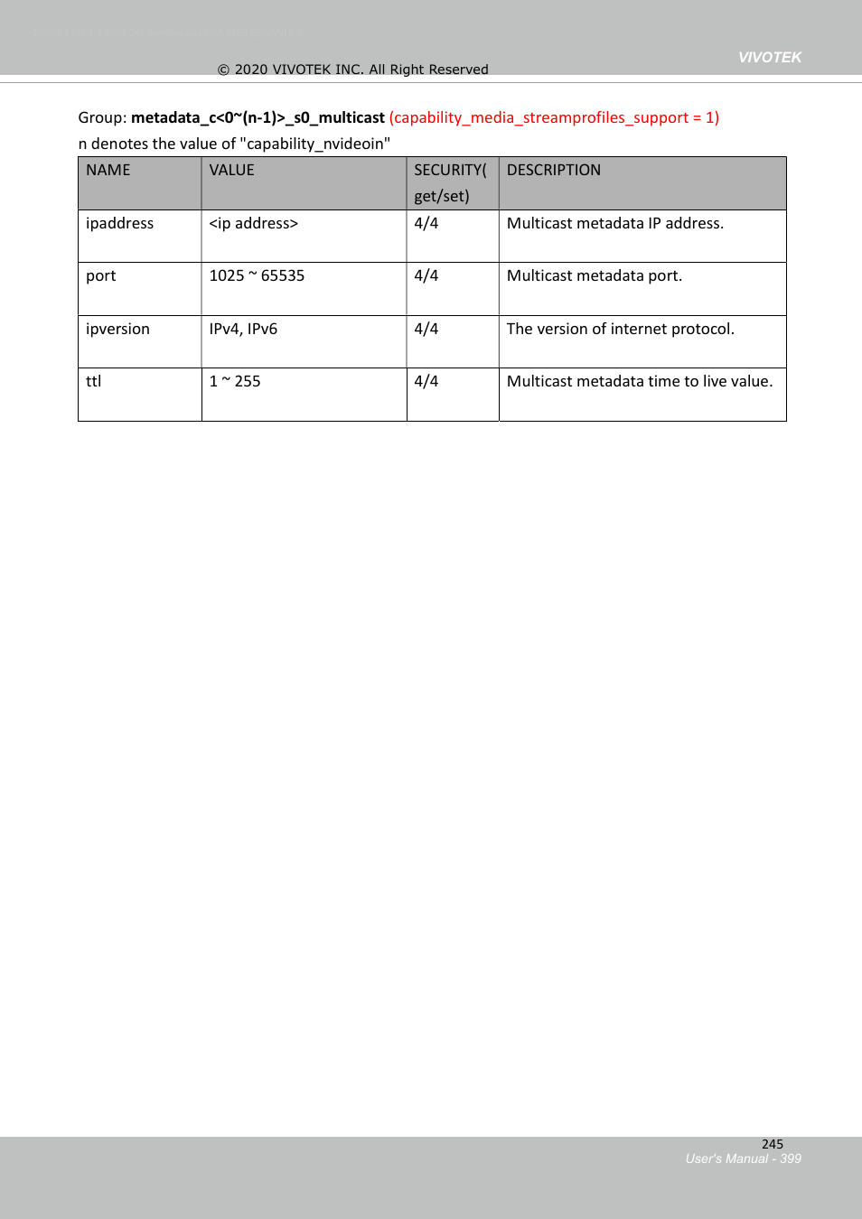 52 multicast settings for metadata streaming | Vivotek S Series IZ9361-EH 1080p Outdoor Network Bullet Camera with Heater User Manual | Page 399 / 458