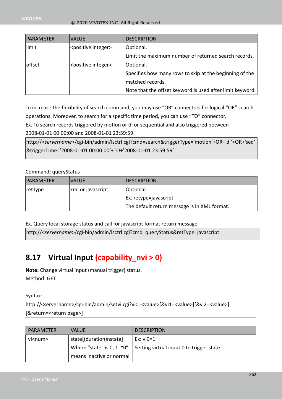 17 virtual input (capability_nvi > 0) | Vivotek S Series IZ9361-EH 1080p Outdoor Network Bullet Camera with Heater User Manual | Page 416 / 458