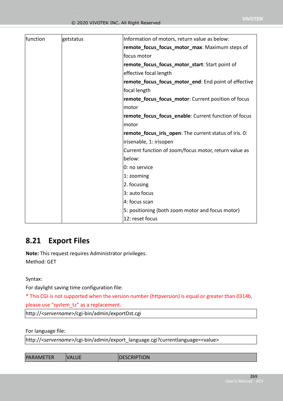 21 export files | Vivotek S Series IZ9361-EH 1080p Outdoor Network Bullet Camera with Heater User Manual | Page 423 / 458