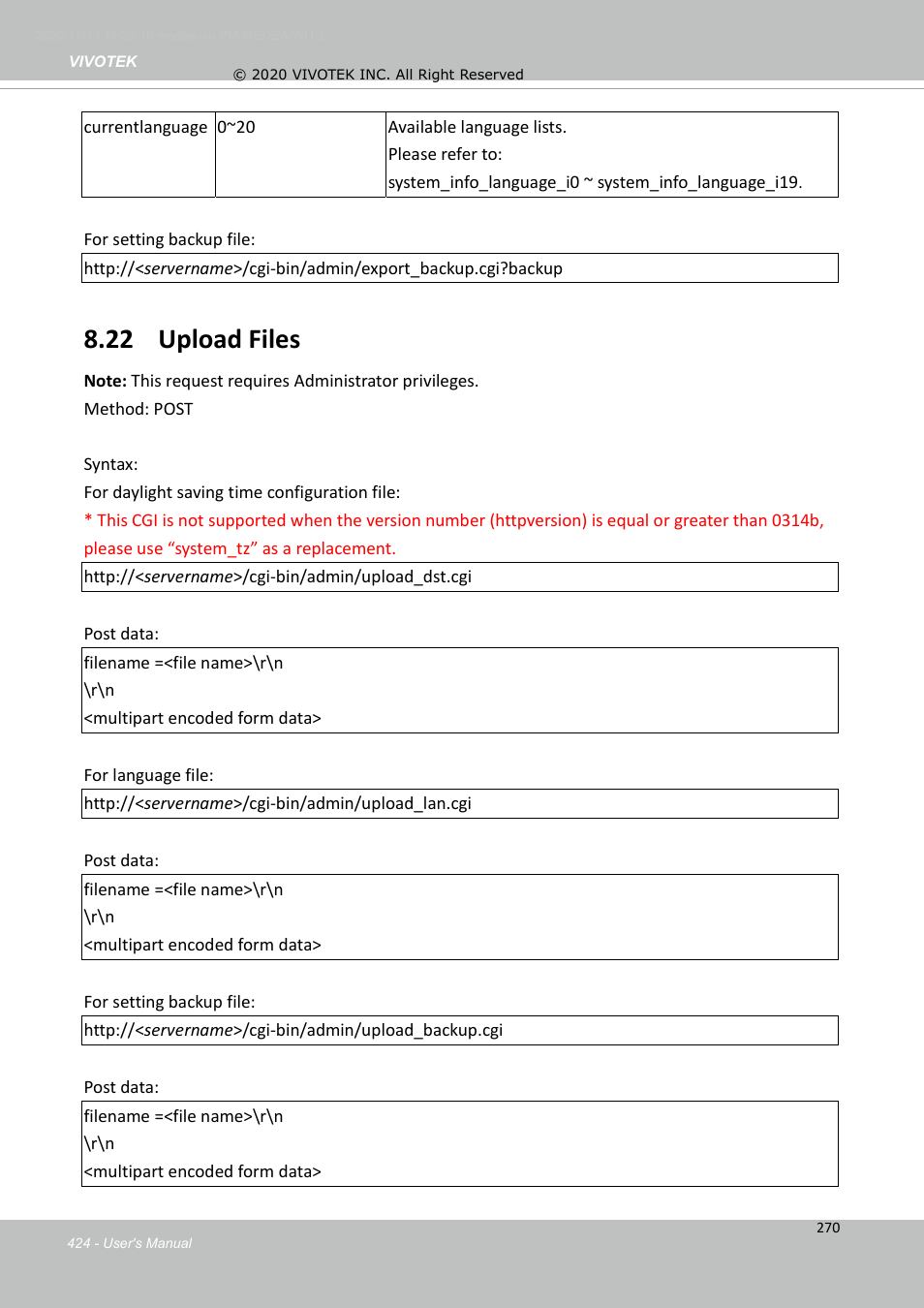 22 upload files | Vivotek S Series IZ9361-EH 1080p Outdoor Network Bullet Camera with Heater User Manual | Page 424 / 458