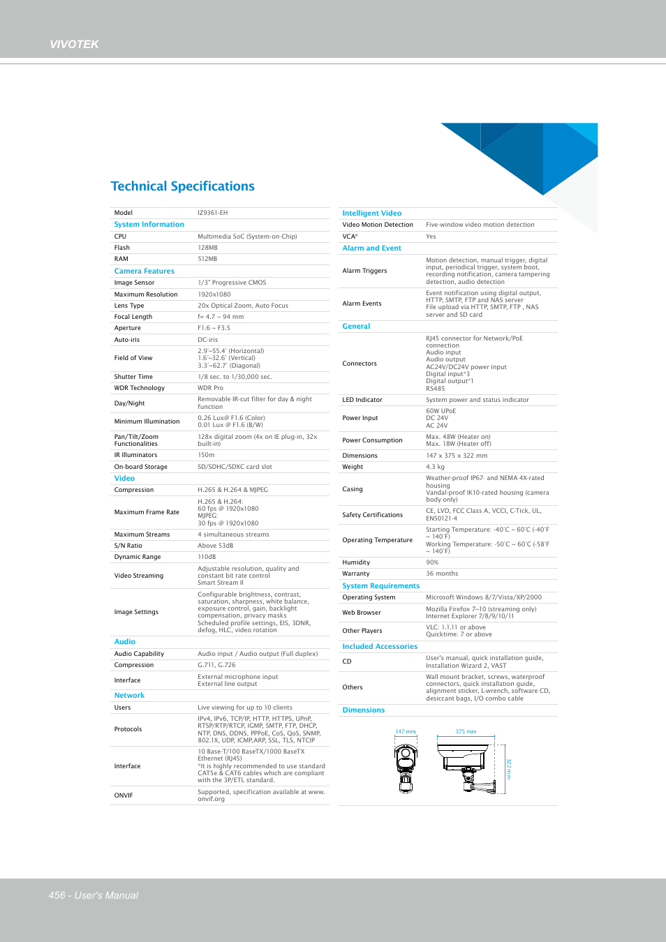Technical specifications, Vivotek, 456 - user's manual | Vivotek S Series IZ9361-EH 1080p Outdoor Network Bullet Camera with Heater User Manual | Page 456 / 458