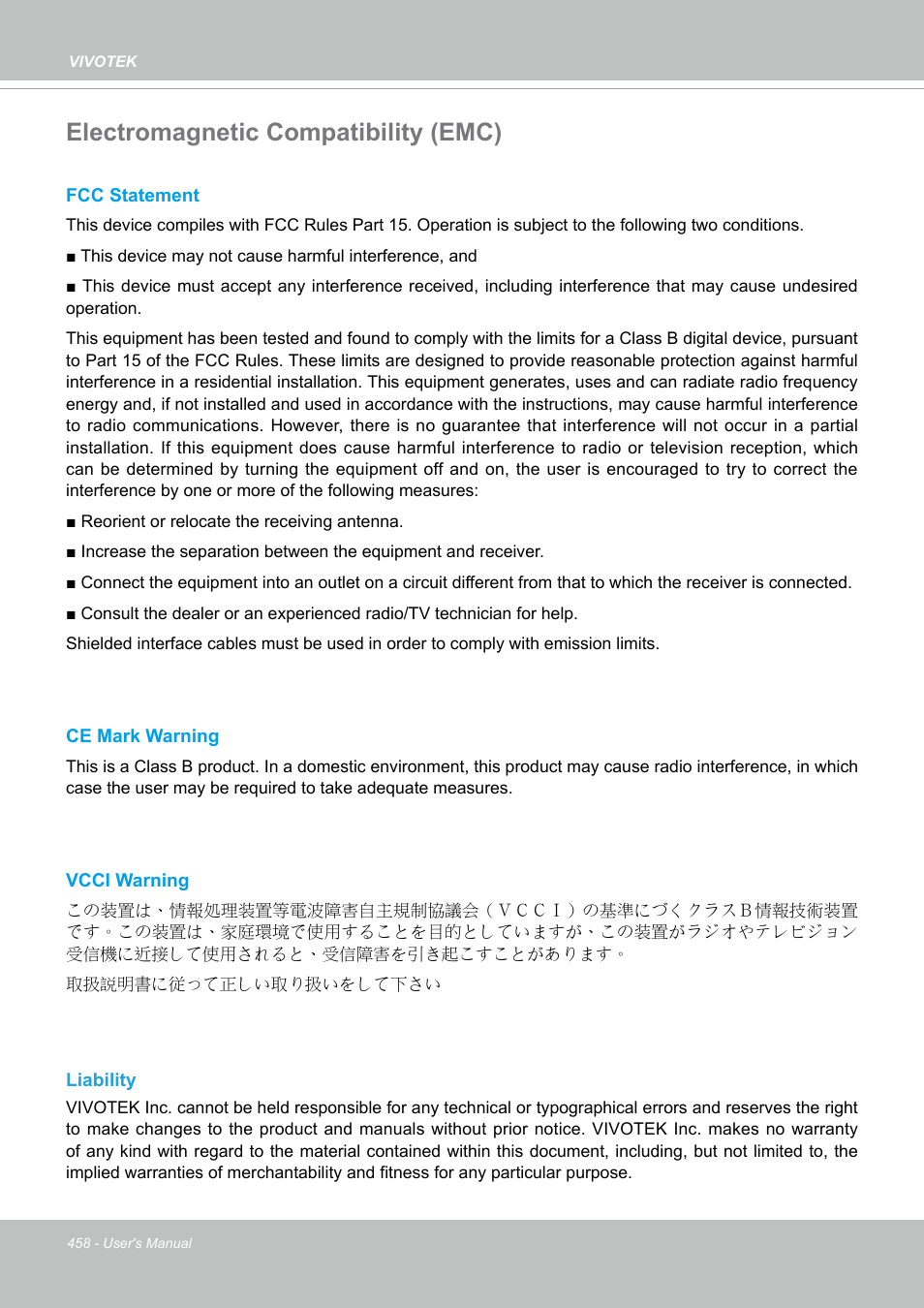 Electromagnetic compatibility (emc) | Vivotek S Series IZ9361-EH 1080p Outdoor Network Bullet Camera with Heater User Manual | Page 458 / 458