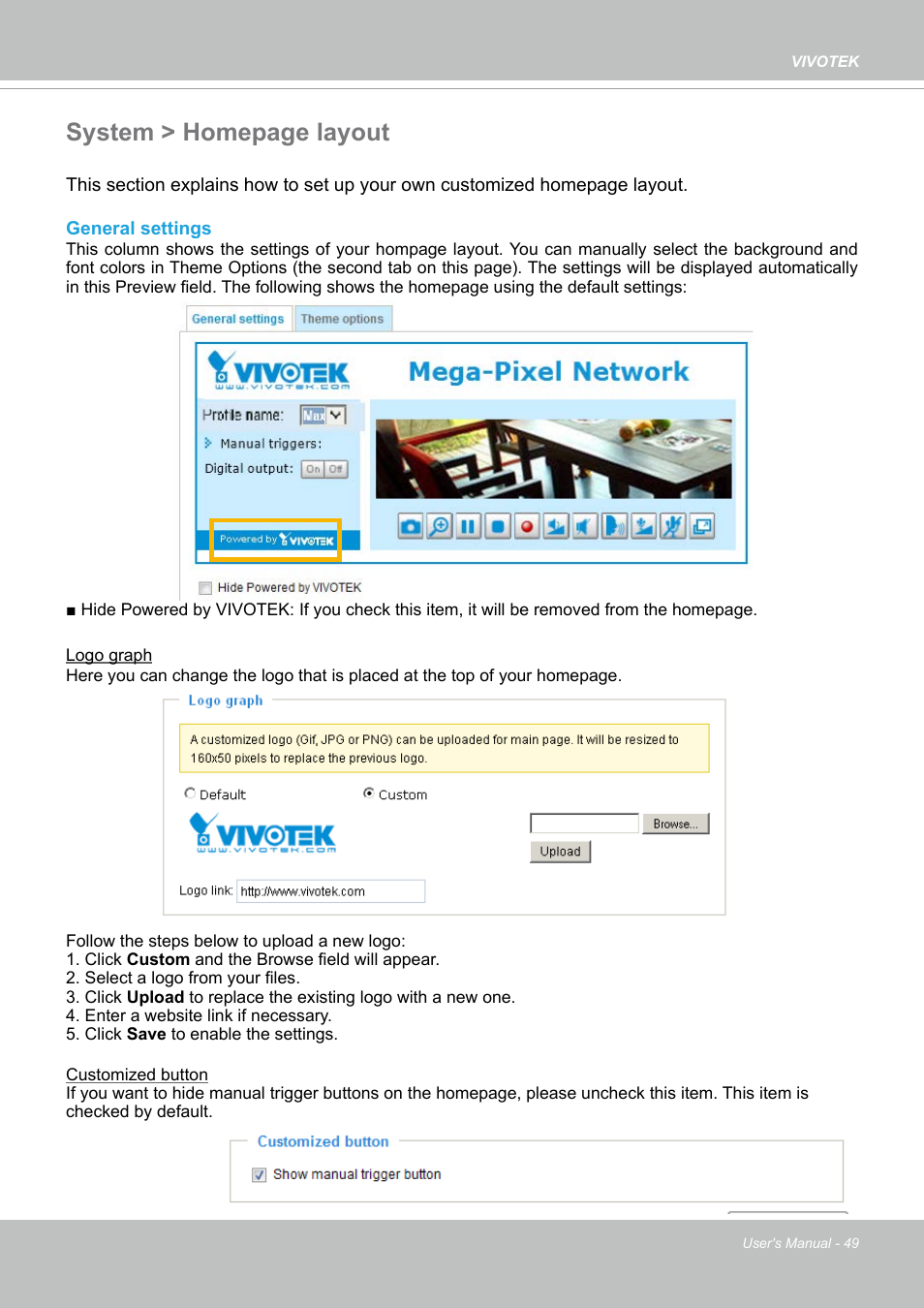 System > homepage layout | Vivotek S Series IZ9361-EH 1080p Outdoor Network Bullet Camera with Heater User Manual | Page 49 / 458