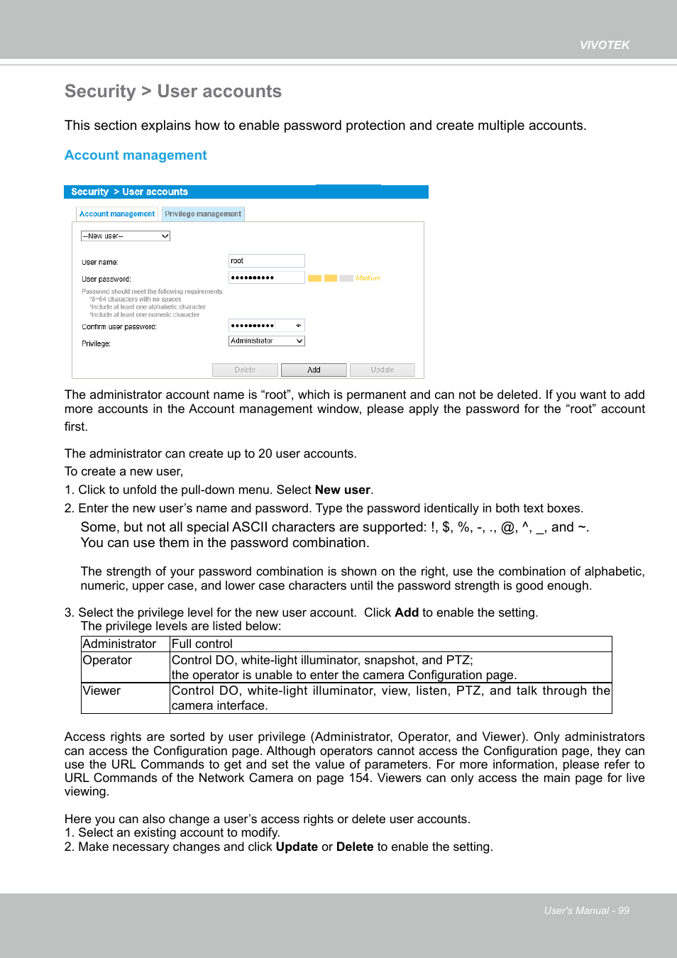 Security > user accounts | Vivotek S Series IZ9361-EH 1080p Outdoor Network Bullet Camera with Heater User Manual | Page 99 / 458