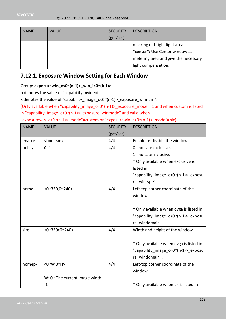 Exposure window setting for each window | Vivotek MD9584-HF3 5MP Outdoor Network Mobile Dome Camera with Night Vision, Heater & 3.6mm Lens User Manual | Page 242 / 453