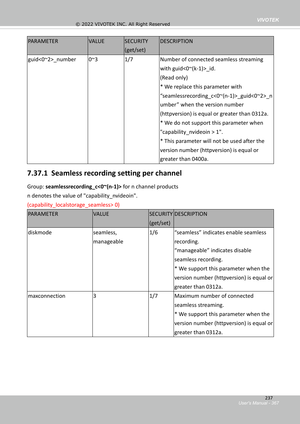 1 seamless recording setting per channel | Vivotek MD9584-HF3 5MP Outdoor Network Mobile Dome Camera with Night Vision, Heater & 3.6mm Lens User Manual | Page 367 / 453