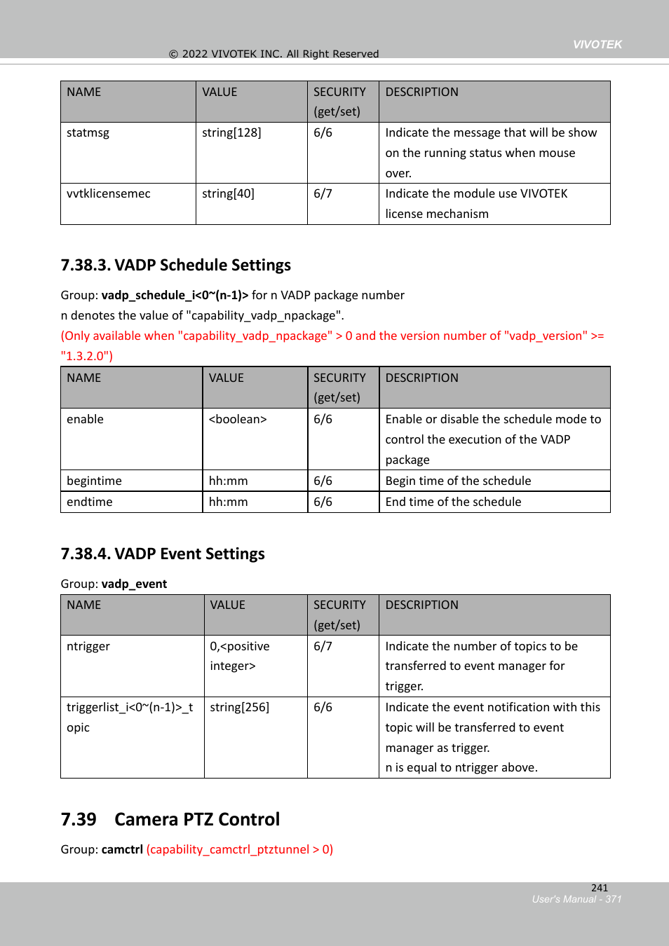 39 camera ptz control, Vadp settings for each package, Vadp schedule settings | Vadp event settings | Vivotek MD9584-HF3 5MP Outdoor Network Mobile Dome Camera with Night Vision, Heater & 3.6mm Lens User Manual | Page 371 / 453