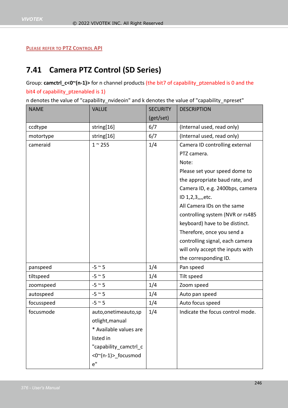 41 camera ptz control (sd series) | Vivotek MD9584-HF3 5MP Outdoor Network Mobile Dome Camera with Night Vision, Heater & 3.6mm Lens User Manual | Page 376 / 453