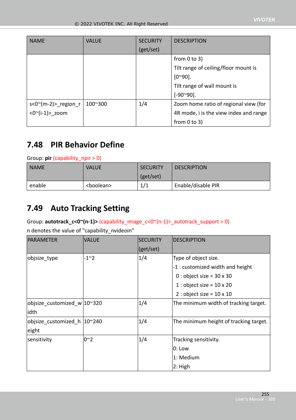 47 fisheye local dewarp setting, 48 pir behavior define, 49 auto tracking setting | Vivotek MD9584-HF3 5MP Outdoor Network Mobile Dome Camera with Night Vision, Heater & 3.6mm Lens User Manual | Page 385 / 453