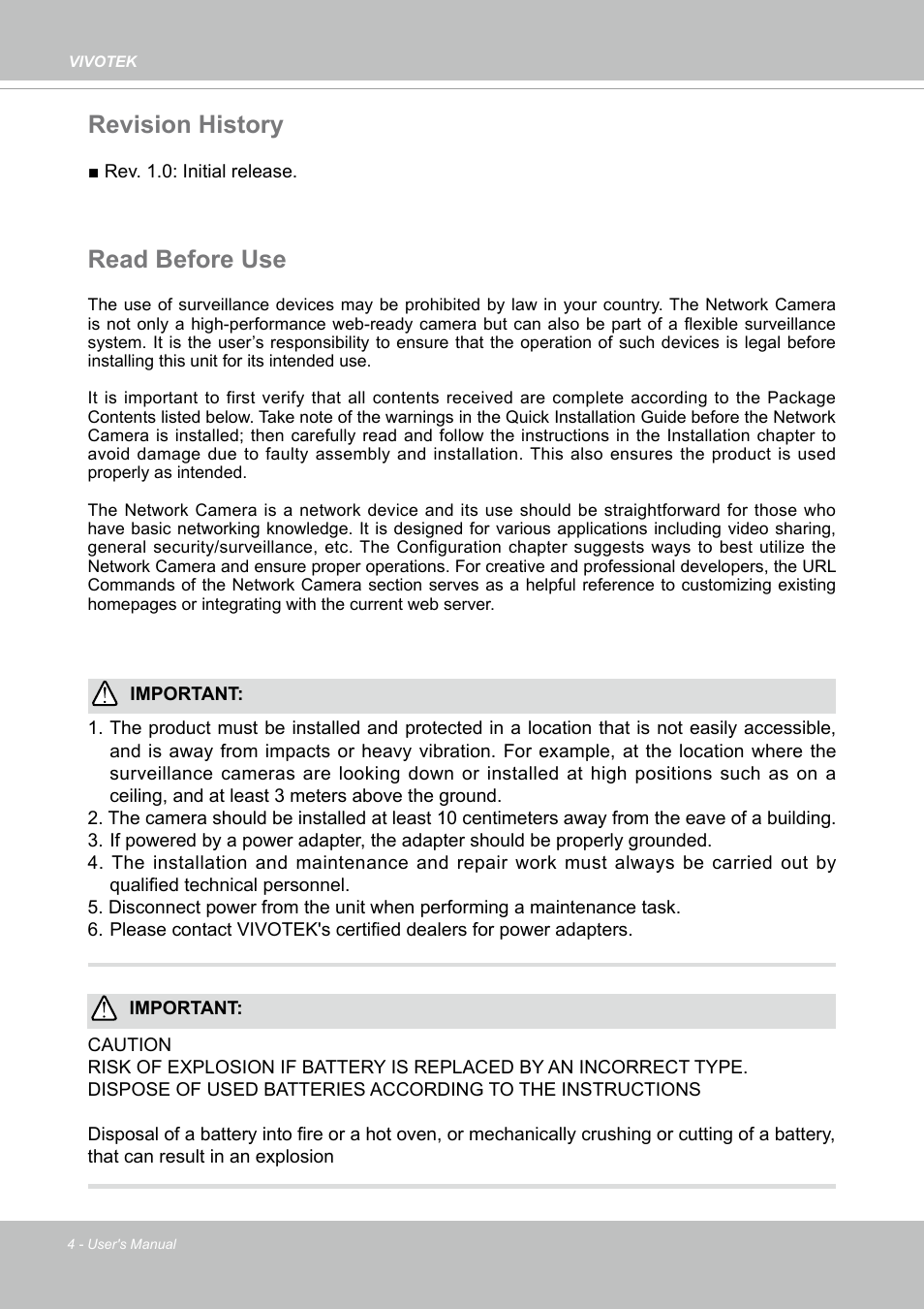 Revision history, Read before use, Revision history read before use | Vivotek MD9584-HF3 5MP Outdoor Network Mobile Dome Camera with Night Vision, Heater & 3.6mm Lens User Manual | Page 4 / 453