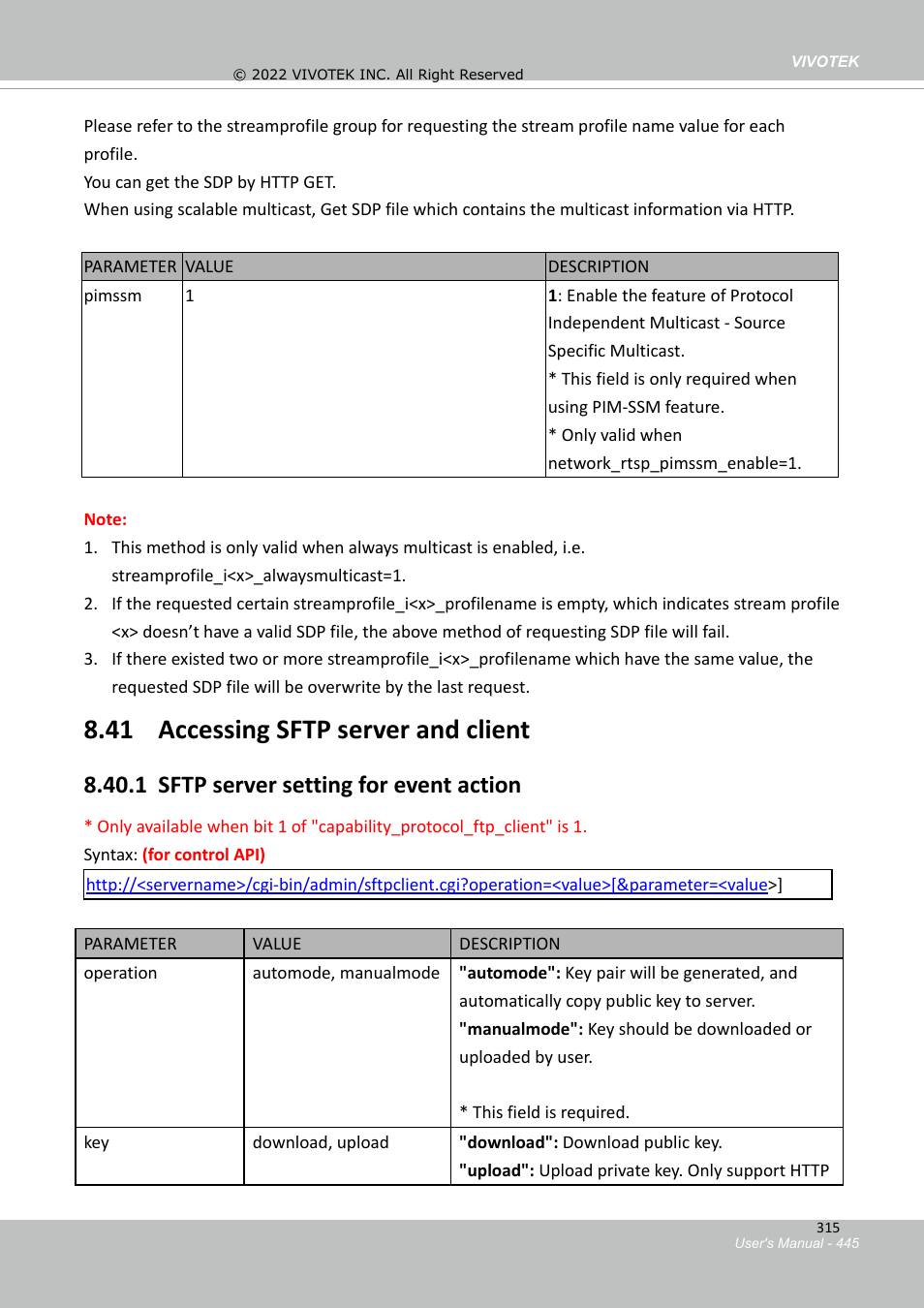 Sdp for always multicast, 41 accessing sftp server and client, 2 get | Capability_media_streamprofiles_support = 1), 1 sftp server setting for event action | Vivotek MD9584-HF3 5MP Outdoor Network Mobile Dome Camera with Night Vision, Heater & 3.6mm Lens User Manual | Page 445 / 453