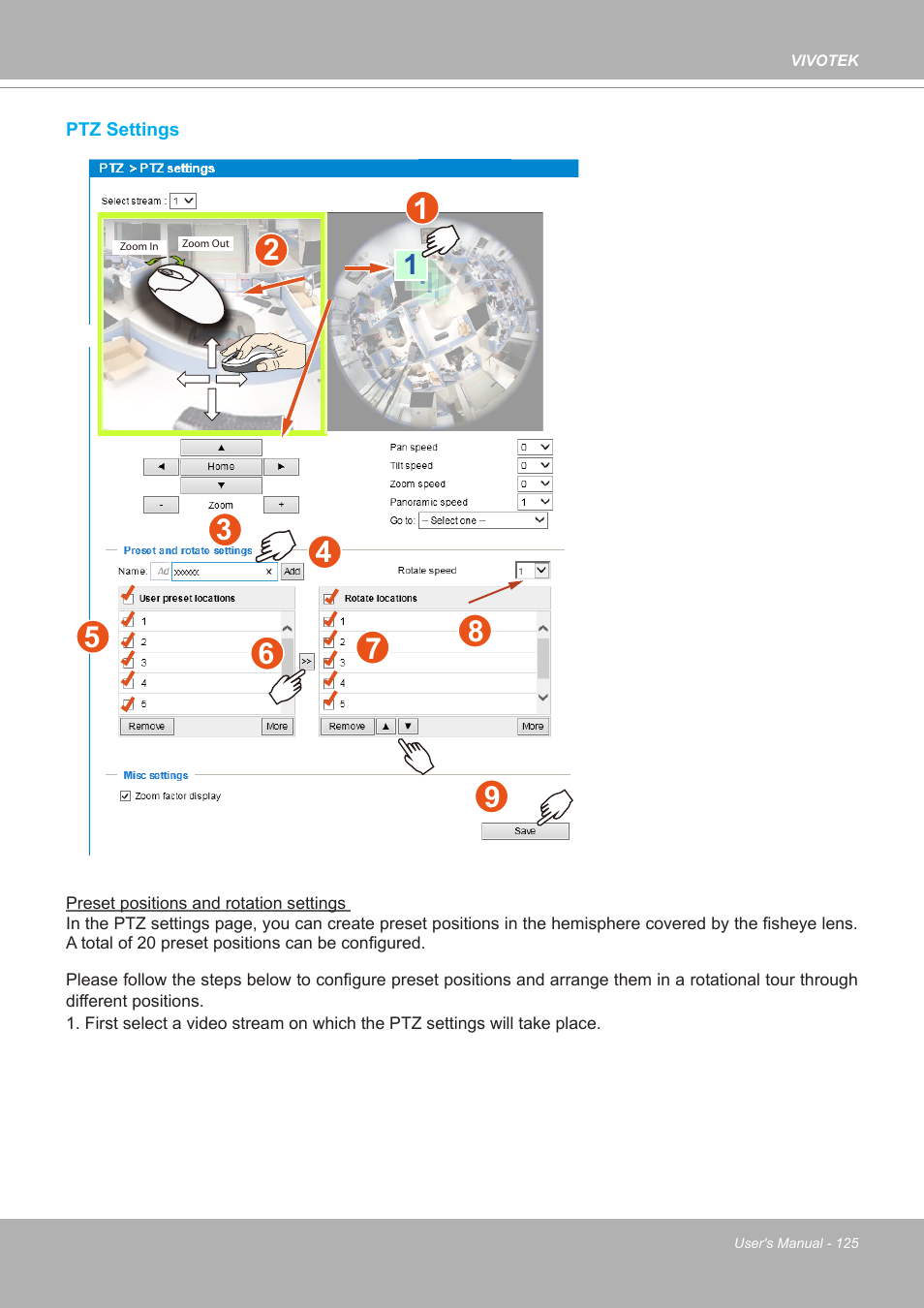 Ptz settings | Vivotek FE9380-HV 5MP Outdoor Network Fisheye Dome Camera with Night Vision User Manual | Page 125 / 352