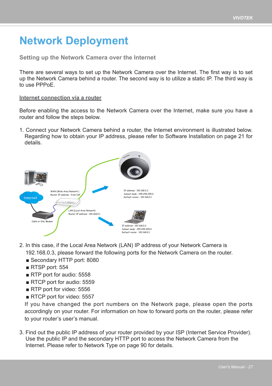 Network deployment, Setting up the network camera over the internet, Network deployment 27 | Vivotek FE9380-HV 5MP Outdoor Network Fisheye Dome Camera with Night Vision User Manual | Page 27 / 352