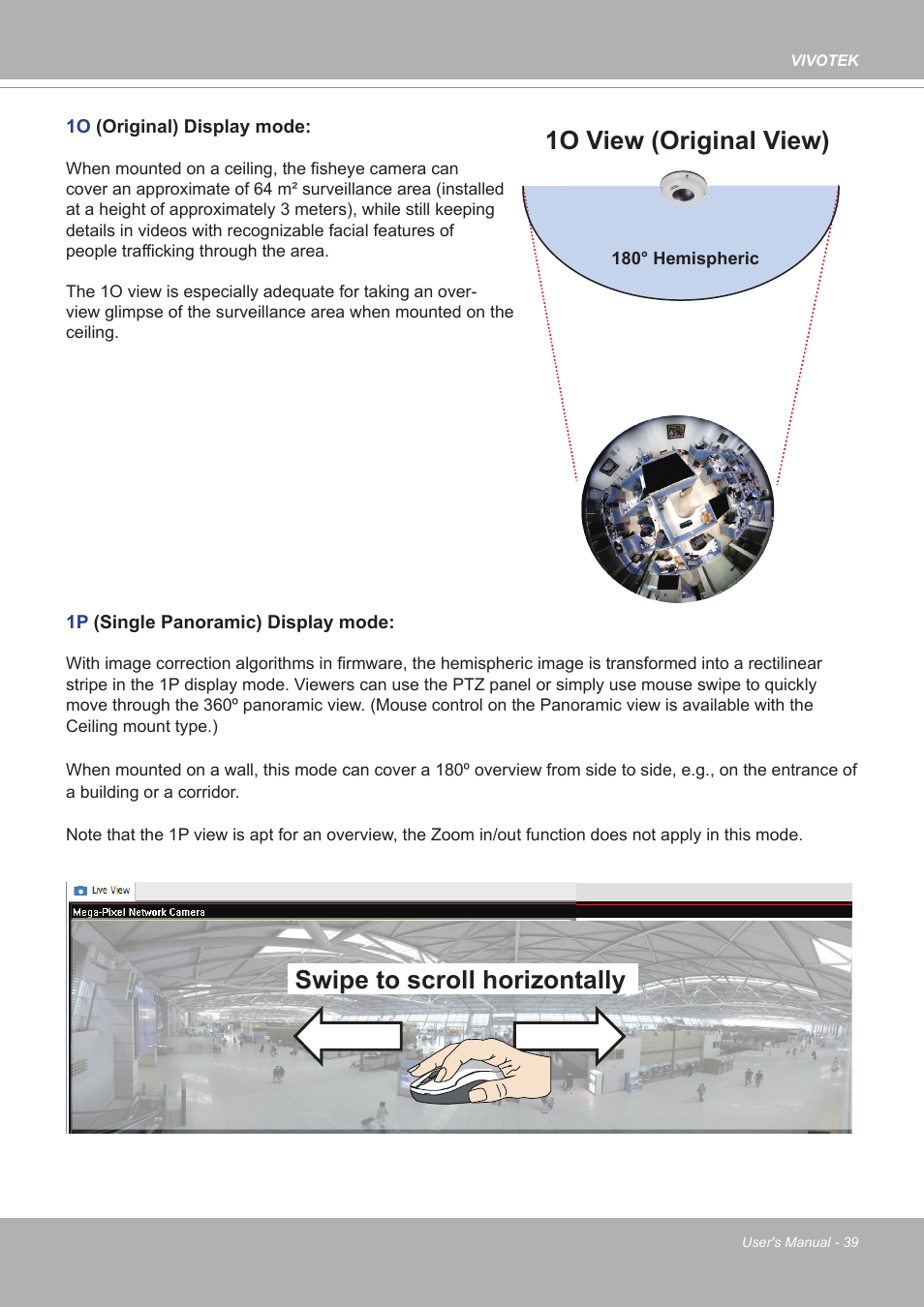 1o view (original view), Swipe to scroll horizontally | Vivotek FE9380-HV 5MP Outdoor Network Fisheye Dome Camera with Night Vision User Manual | Page 39 / 352