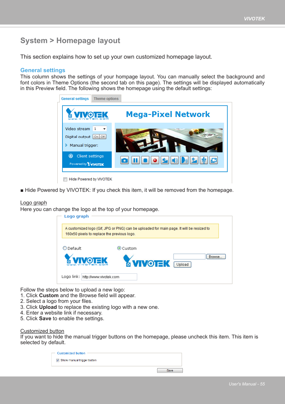 System > homepage layout | Vivotek FE9380-HV 5MP Outdoor Network Fisheye Dome Camera with Night Vision User Manual | Page 55 / 352
