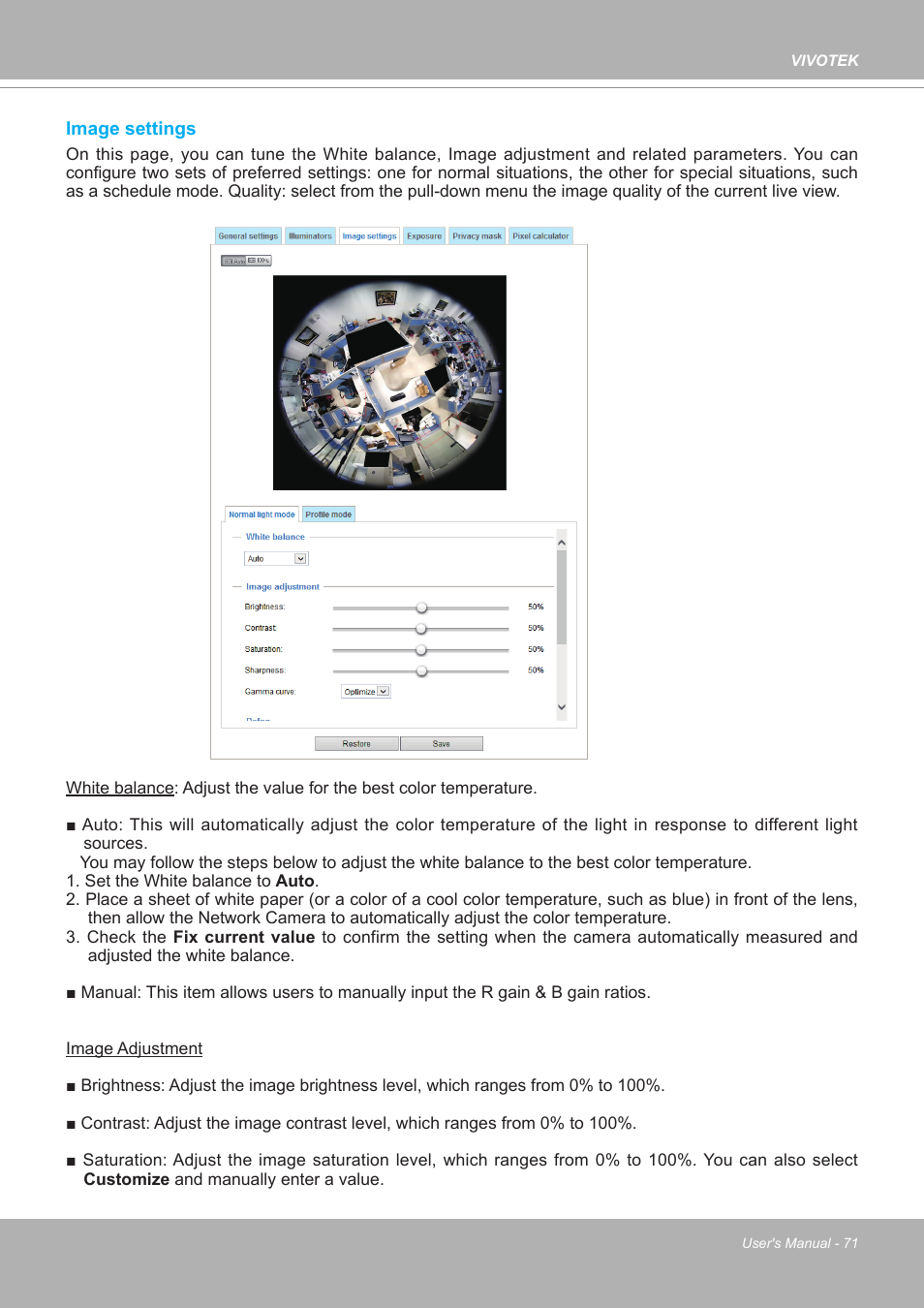 Image settings | Vivotek FE9380-HV 5MP Outdoor Network Fisheye Dome Camera with Night Vision User Manual | Page 71 / 352