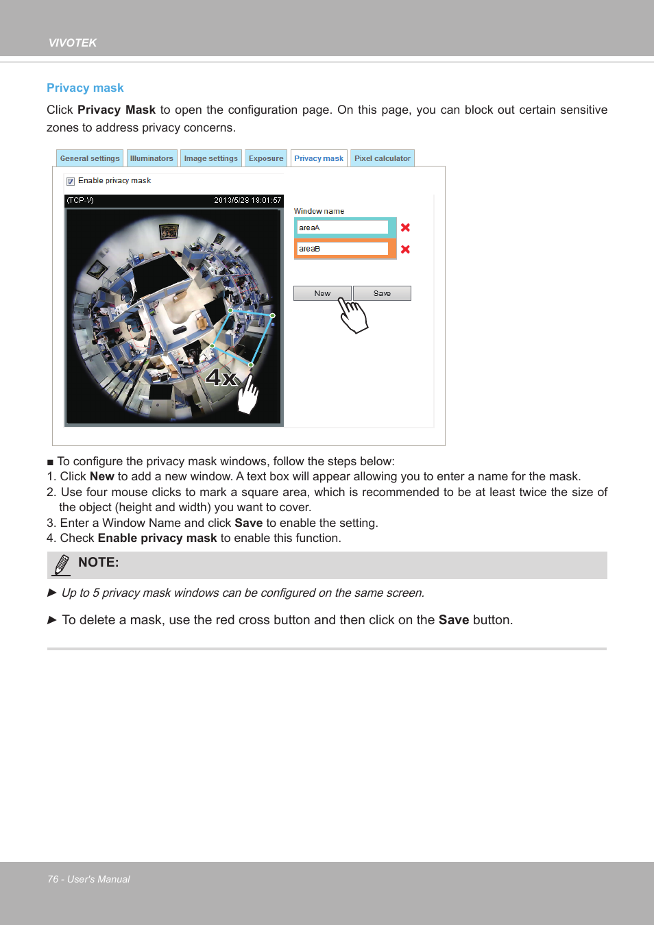 Privacy mask | Vivotek FE9380-HV 5MP Outdoor Network Fisheye Dome Camera with Night Vision User Manual | Page 76 / 352