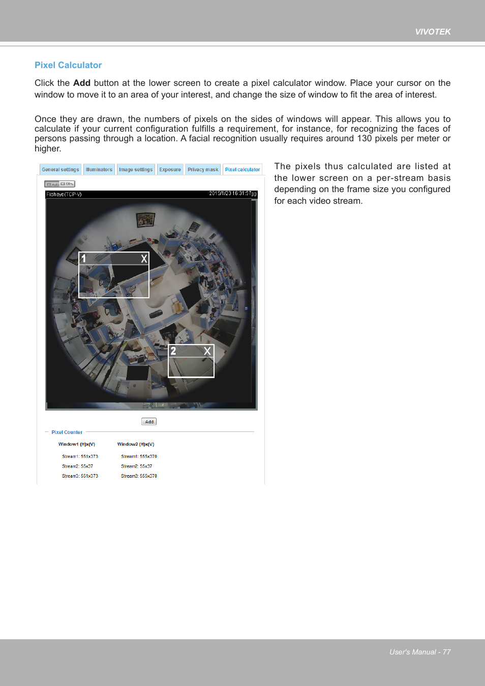 Pixel calculator | Vivotek FE9380-HV 5MP Outdoor Network Fisheye Dome Camera with Night Vision User Manual | Page 77 / 352
