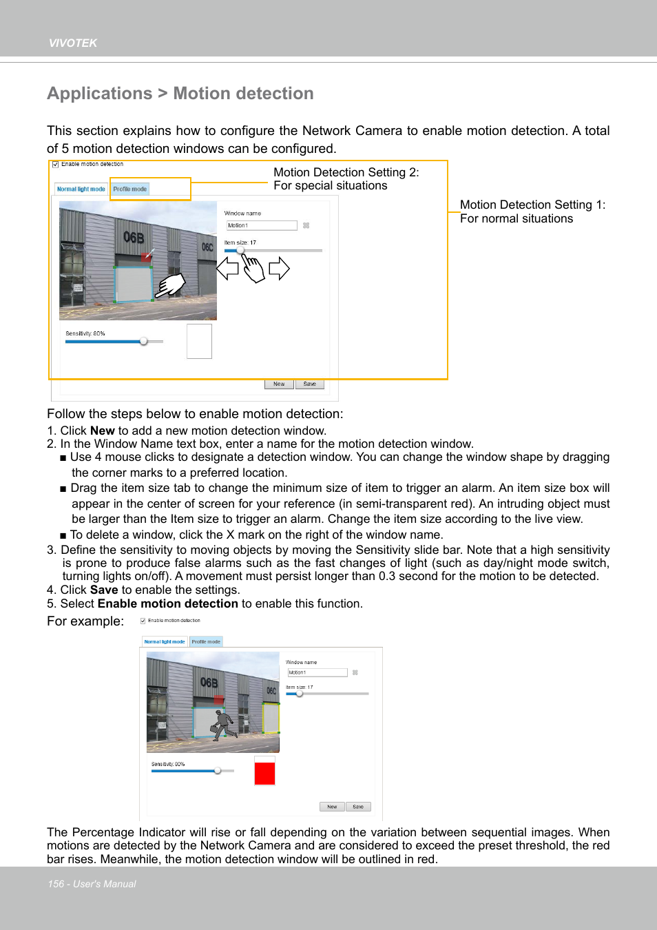 Applications > motion detection | Vivotek SD9161-H-v2 2MP PTZ Network Dome Camera User Manual | Page 156 / 473