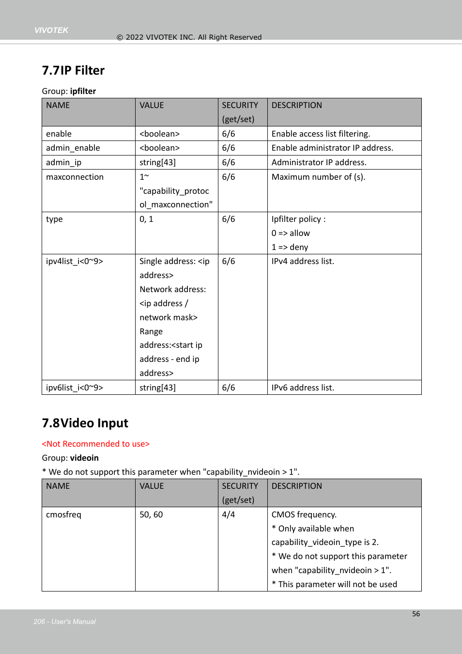 7 ip filter, 8 video input | Vivotek SD9161-H-v2 2MP PTZ Network Dome Camera User Manual | Page 206 / 473