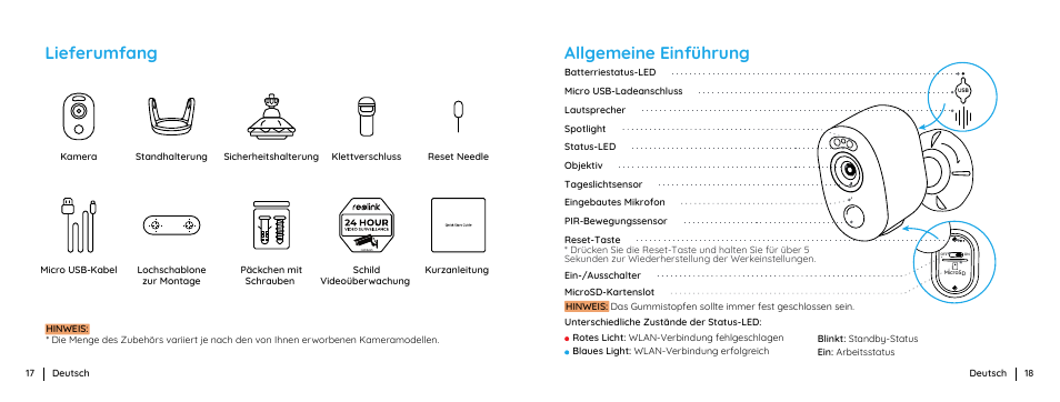 Allgemeine einführung, Lieferumfang | Reolink Argus 3 Plus 4MP Outdoor Wire-Free Security Camera with Night Vision, Motion Spotlights & Solar Panel (White) User Manual | Page 10 / 41