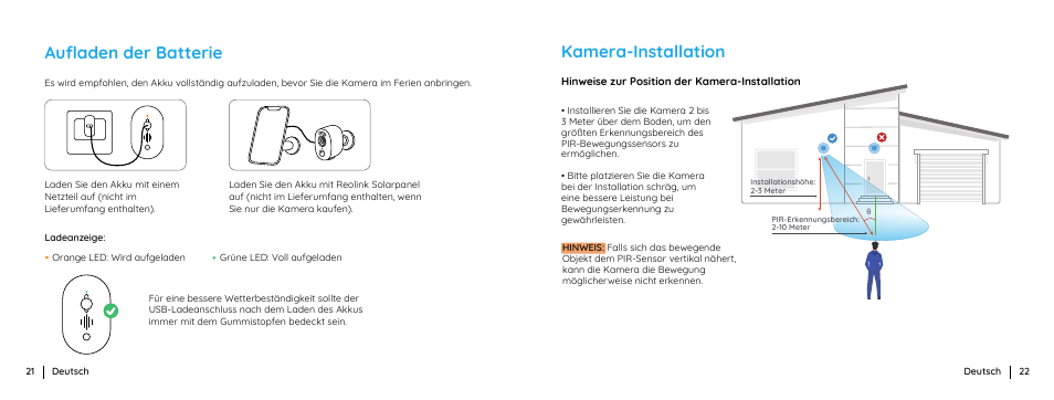 Auﬂaden der batterie, Kamera-installation | Reolink Argus 3 Plus 4MP Outdoor Wire-Free Security Camera with Night Vision, Motion Spotlights & Solar Panel (White) User Manual | Page 12 / 41