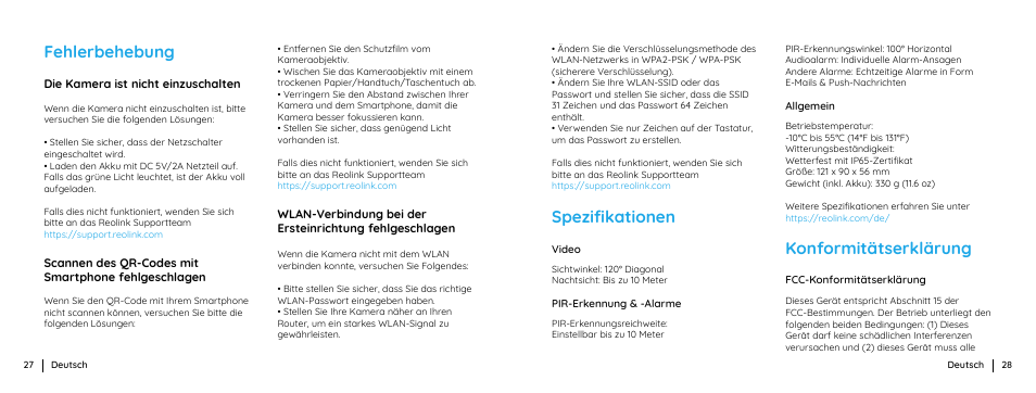 Fehlerbehebung, Konformitätserklärung, Speziﬁkationen | Reolink Argus 3 Plus 4MP Outdoor Wire-Free Security Camera with Night Vision, Motion Spotlights & Solar Panel (White) User Manual | Page 15 / 41