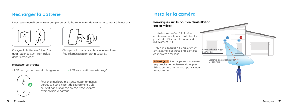 Recharger la batterie, Installer la caméra | Reolink Argus 3 Plus 4MP Outdoor Wire-Free Security Camera with Night Vision, Motion Spotlights & Solar Panel (White) User Manual | Page 20 / 41