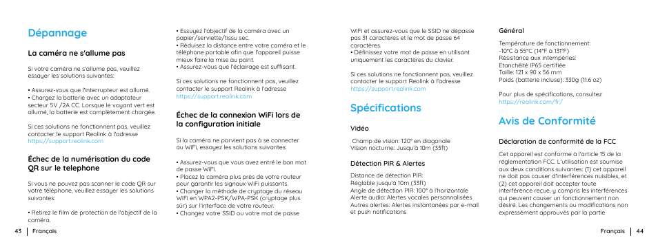 Dépannage, Avis de conformité, Spéciﬁcations | Reolink Argus 3 Plus 4MP Outdoor Wire-Free Security Camera with Night Vision, Motion Spotlights & Solar Panel (White) User Manual | Page 23 / 41