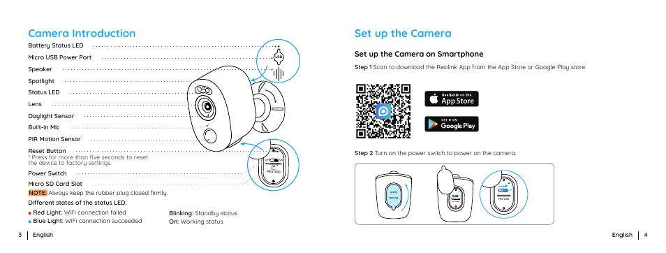 Camera introduction, Set up the camera, Set up the camera on smartphone | Reolink Argus 3 Plus 4MP Outdoor Wire-Free Security Camera with Night Vision, Motion Spotlights & Solar Panel (White) User Manual | Page 3 / 41