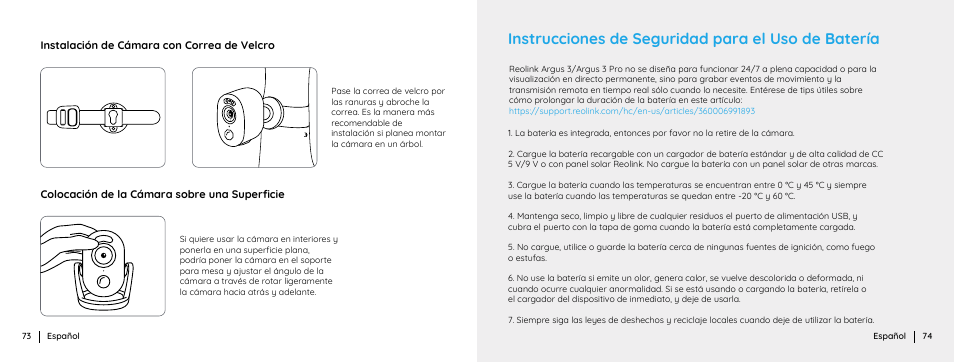 Instrucciones de seguridad para el uso de batería | Reolink Argus 3 Plus 4MP Outdoor Wire-Free Security Camera with Night Vision, Motion Spotlights & Solar Panel (White) User Manual | Page 38 / 41