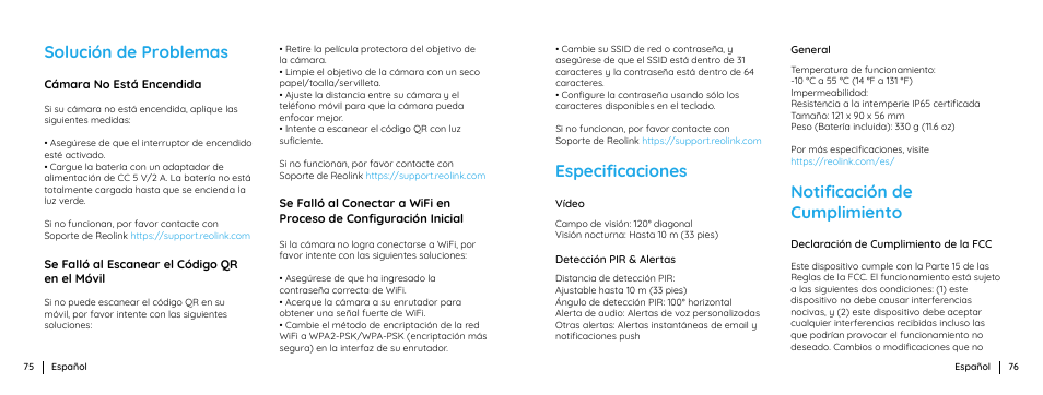 Solución de problemas, Notiﬁcación de cumplimiento, Especiﬁcaciones | Reolink Argus 3 Plus 4MP Outdoor Wire-Free Security Camera with Night Vision, Motion Spotlights & Solar Panel (White) User Manual | Page 39 / 41