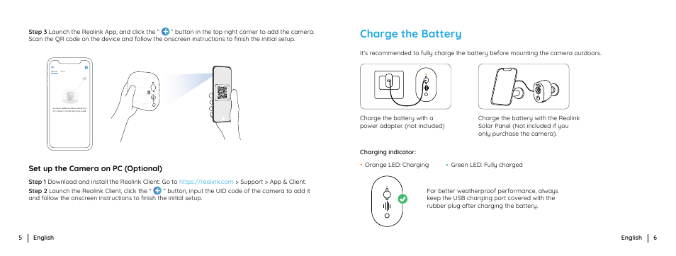 Charge the battery, Set up the camera on pc (optional) | Reolink Argus 3 Plus 4MP Outdoor Wire-Free Security Camera with Night Vision, Motion Spotlights & Solar Panel (White) User Manual | Page 4 / 41