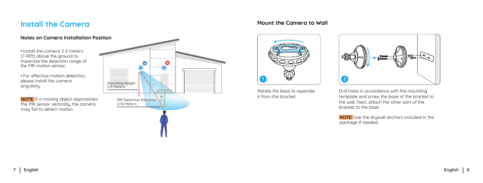 Install the camera, Mount the camera to wall | Reolink Argus 3 Plus 4MP Outdoor Wire-Free Security Camera with Night Vision, Motion Spotlights & Solar Panel (White) User Manual | Page 5 / 41